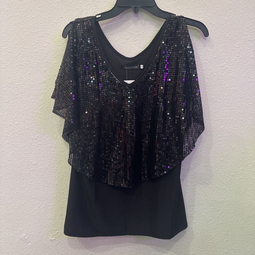 PRETTY GUIDE,NWT SEQUIN TOP ,BLK,L