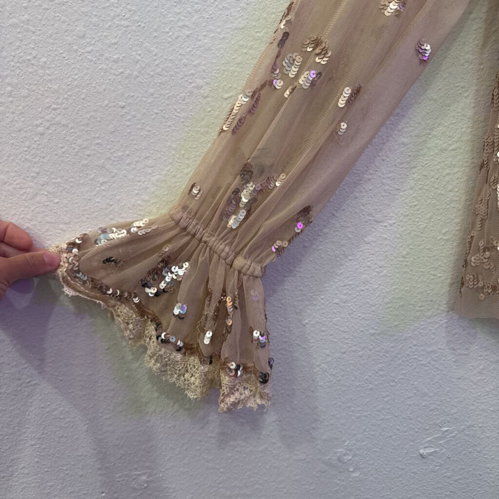 SHEER SEQ TOP ,ROSE GOLD ,L