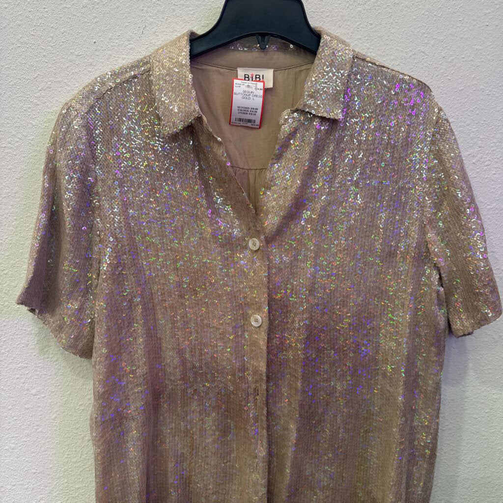 BIBI,SEQUIN BUTTONUP DRESS ,GOLD ,L