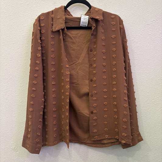 NO BRAND,POMPOM BUTTONUP TOP ,BRN,L