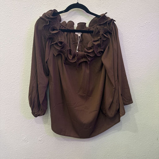 ODDI,SHEER RUFFLE NECK TOP ,BRN ,L