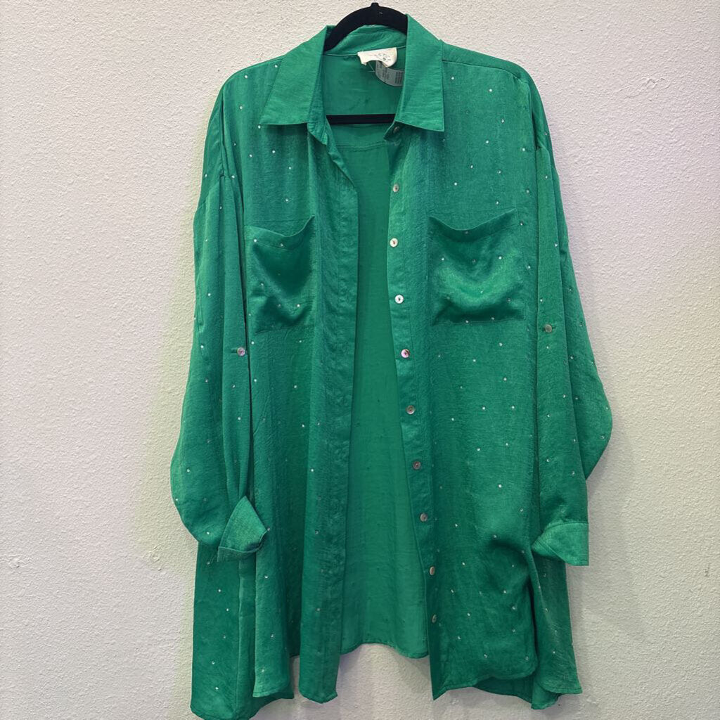 FANTASTIC FAWN,JEWELED BUTTONUP KIMONO ,GREEN ,L