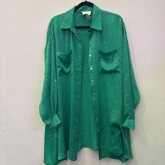 FANTASTIC FAWN,JEWELED BUTTONUP KIMONO ,GREEN ,L