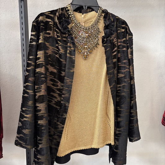 MING WANG,SHIMMER VELVET CARDIGAN ,GOLD/BLK/GOLD ,XL