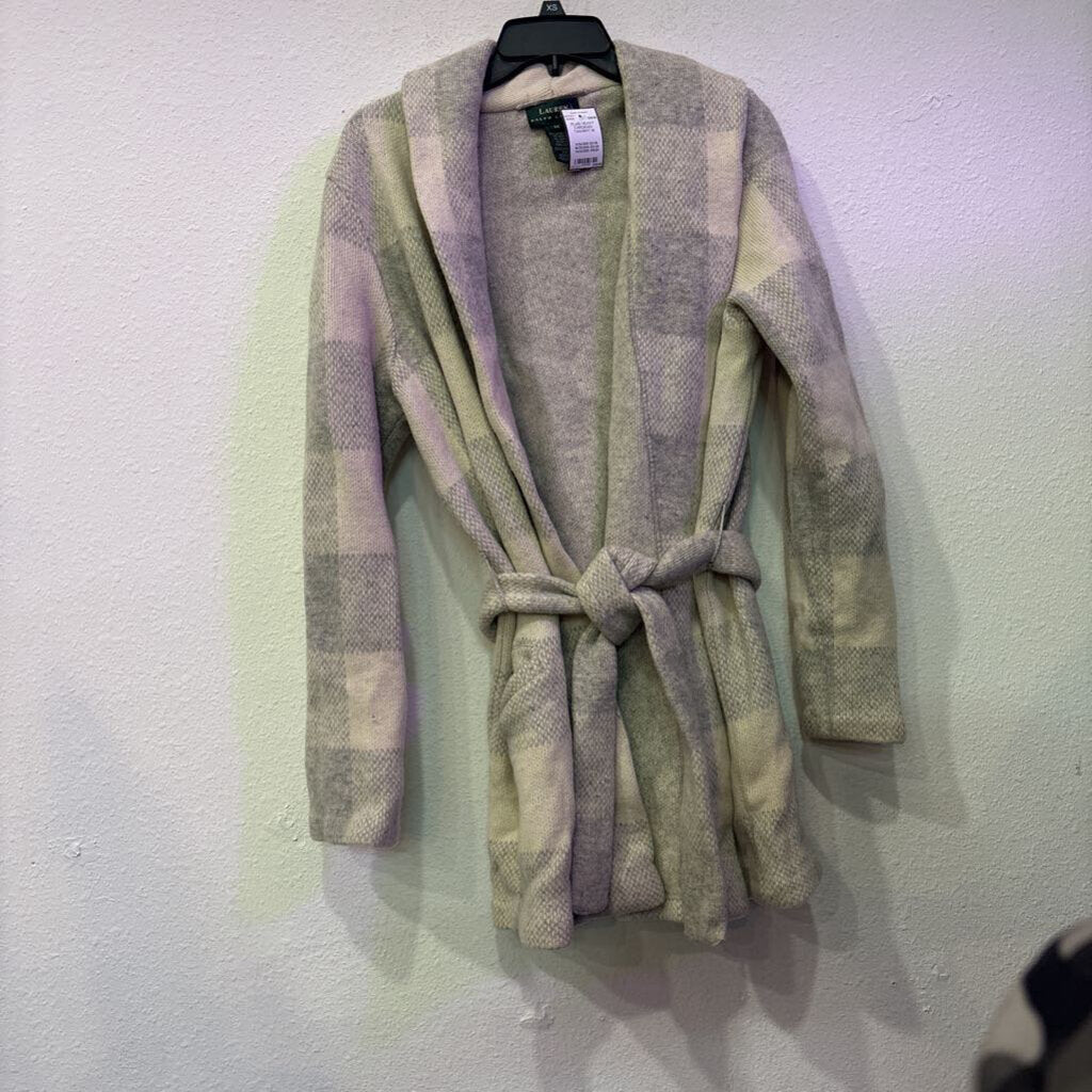 RALPH LAUREN,PLAID HEAVY CARDIGAN ,TAN/WHT,M