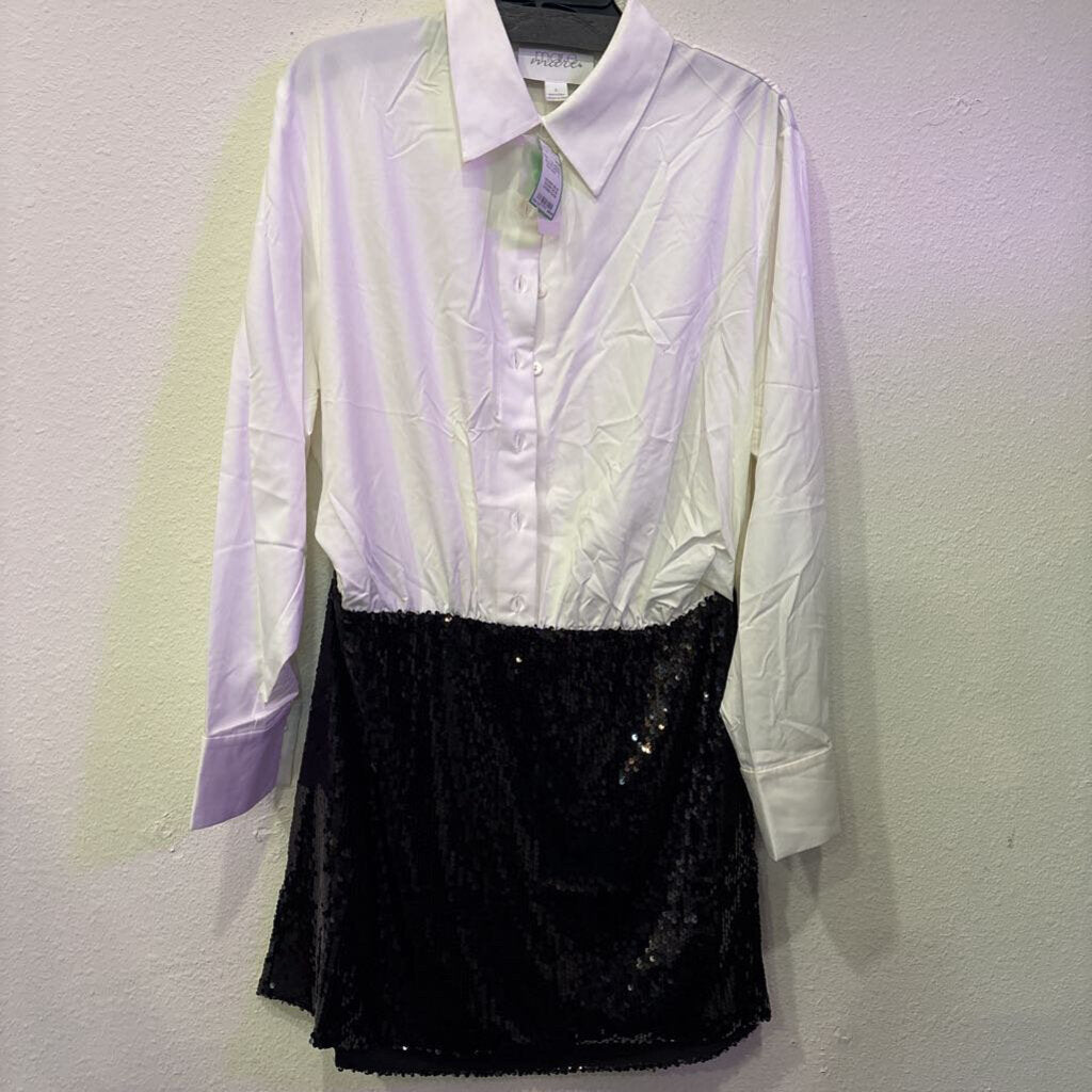 ANTHROPOLOGIE,NWT COLLARED SEQUIN DRESS ,BLK/WHT ,L