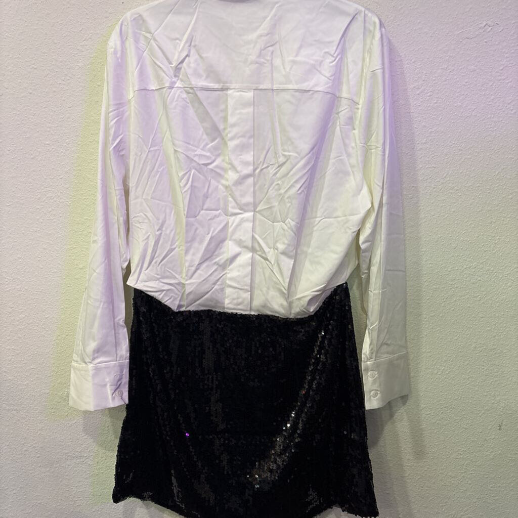 ANTHROPOLOGIE,NWT COLLARED SEQUIN DRESS ,BLK/WHT ,L