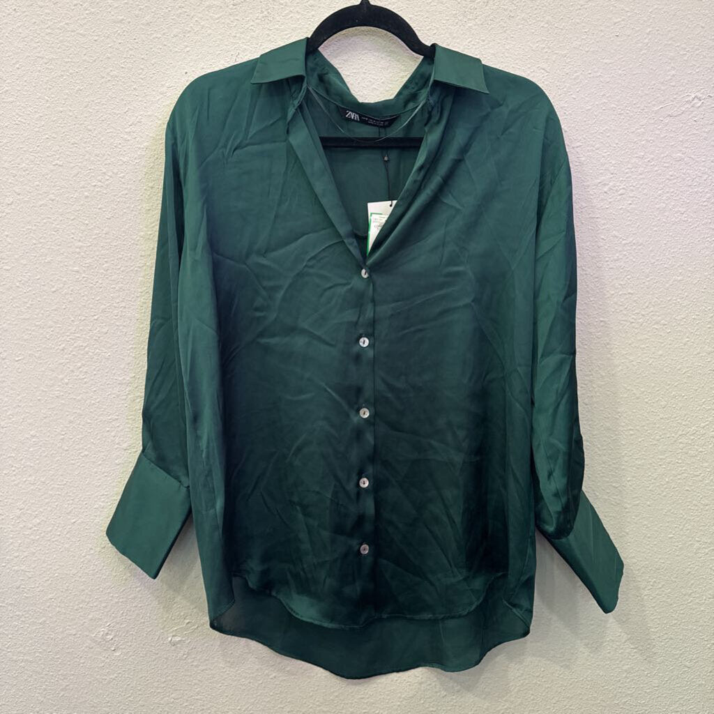 LONGSLV SILK TOP,GRN,M