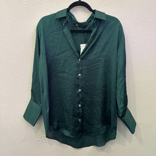 LONGSLV SILK TOP,GRN,M