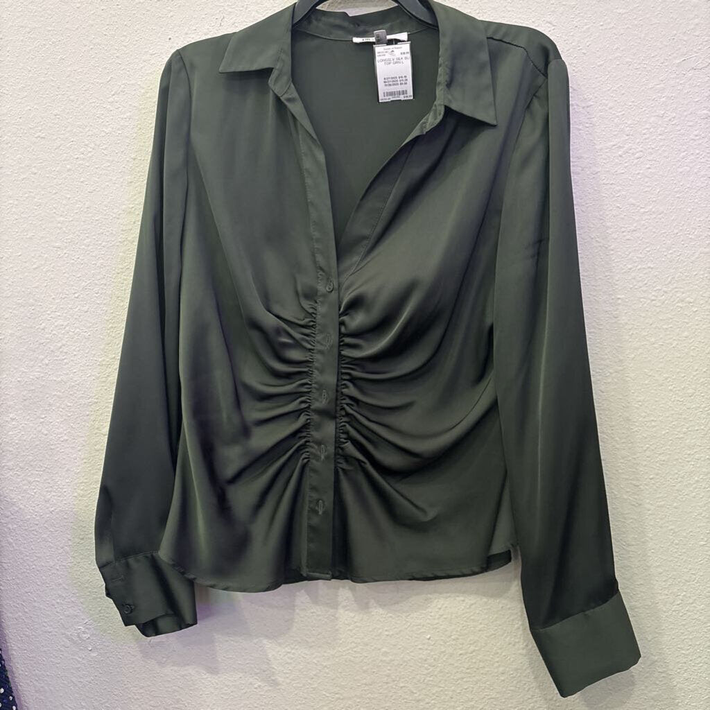 DR2,LONGSLV SILK BU TOP,GRN,L