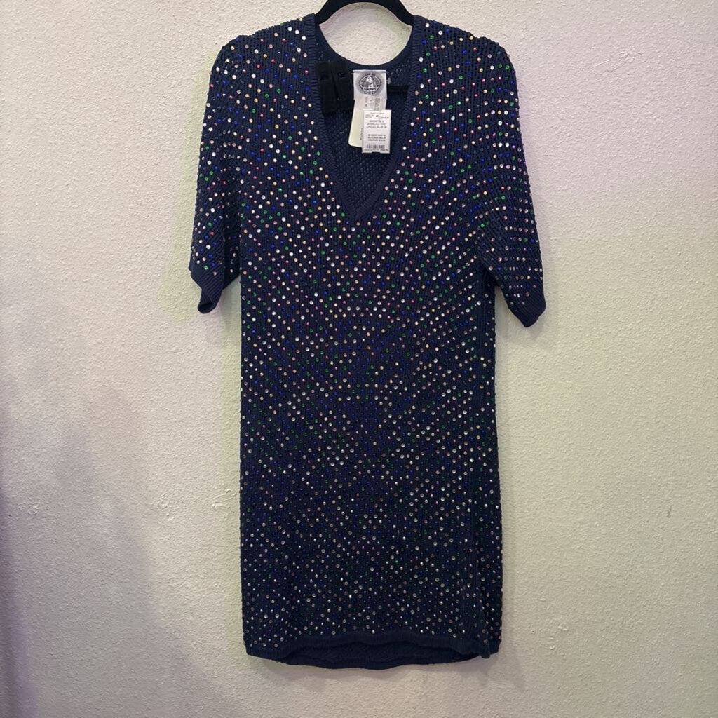 HAPPY SHEEP,SHORTSLV JEWELED KNIT DRESS,BLUE,M