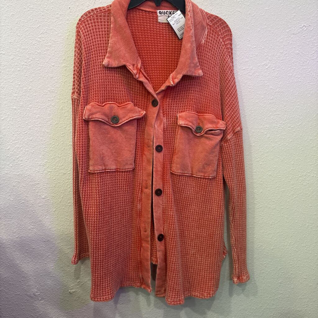 BUCKET LIST,WAFFLE BUTTONUP TOP ,Orange ,L
