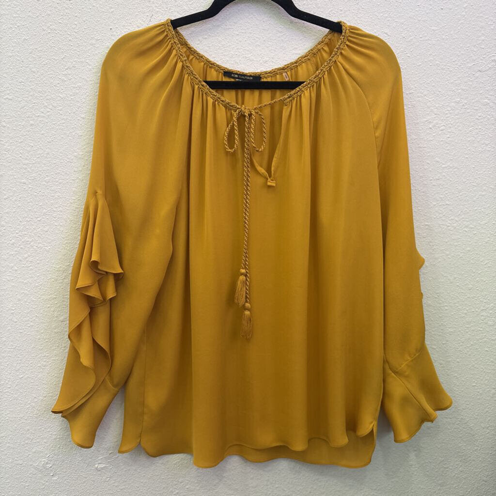 KOBI HALPERIN,RUFFLE SHEER TOP ,MUSTARD,L