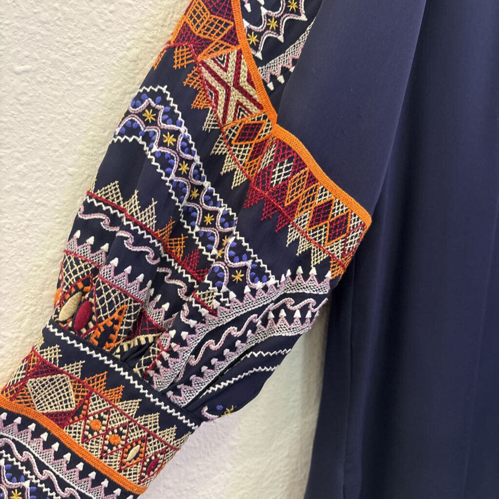 KOBI HALPERIN,PATTERNED SLVE SHEER TOP ,NVY/MULTI,L