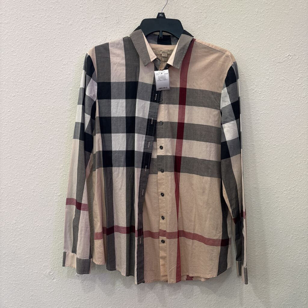 BURBERRY,AUTHENTIC BURBERRY BUTTONUP,TAN/BLK/WINE,L