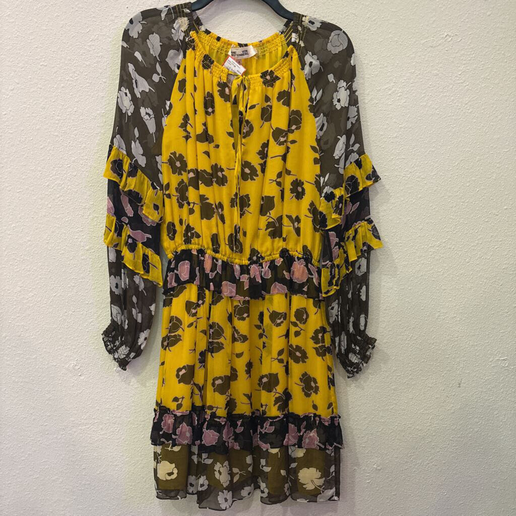 DIANE VON FURSTENBURG,SHEER FLORAL RUFFLE DRESS,GOLD FLORAL,M