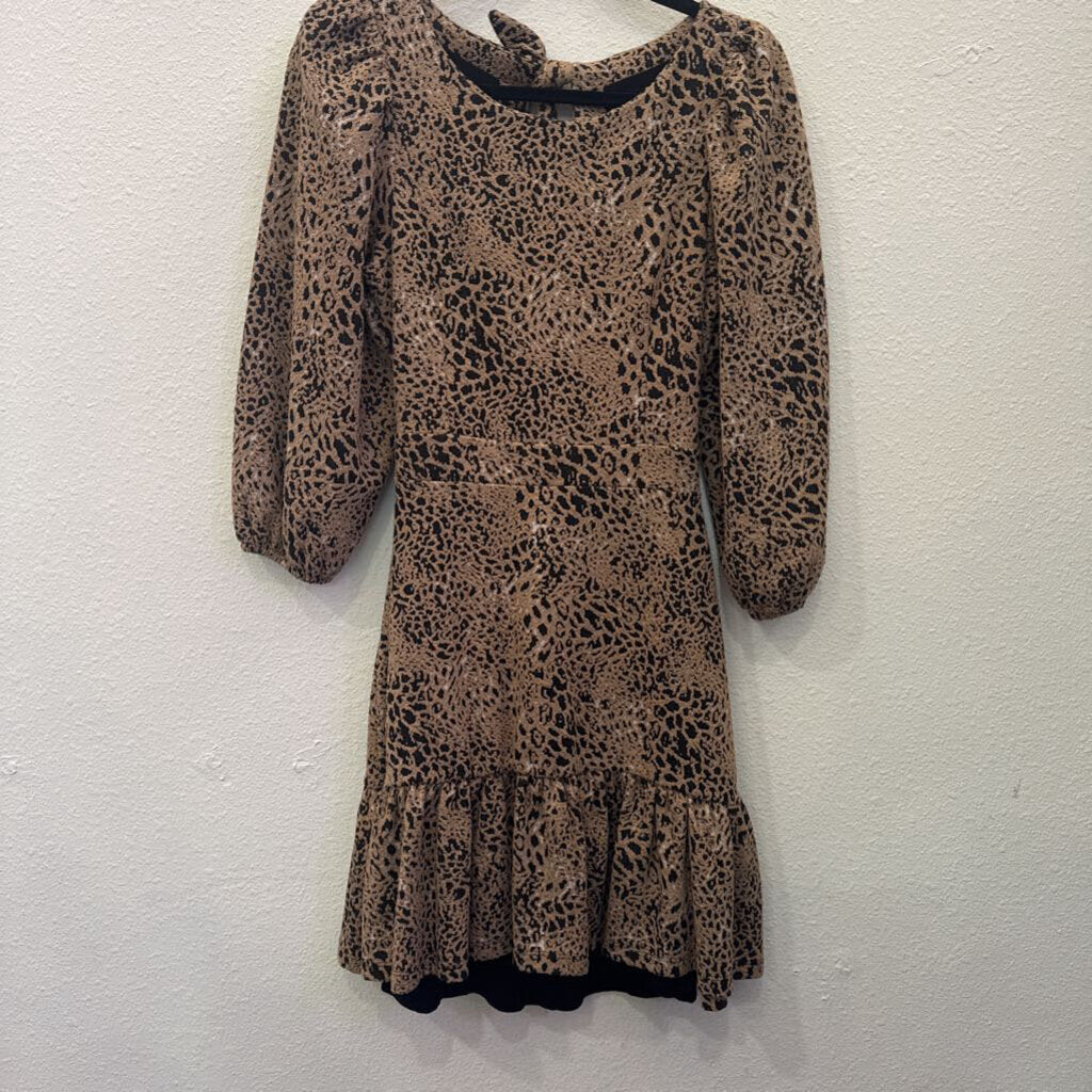 MAEVE (ANTHRO),LEOPARD BOW BACK RUFFLE DRESS ,TAN BLK ,6
