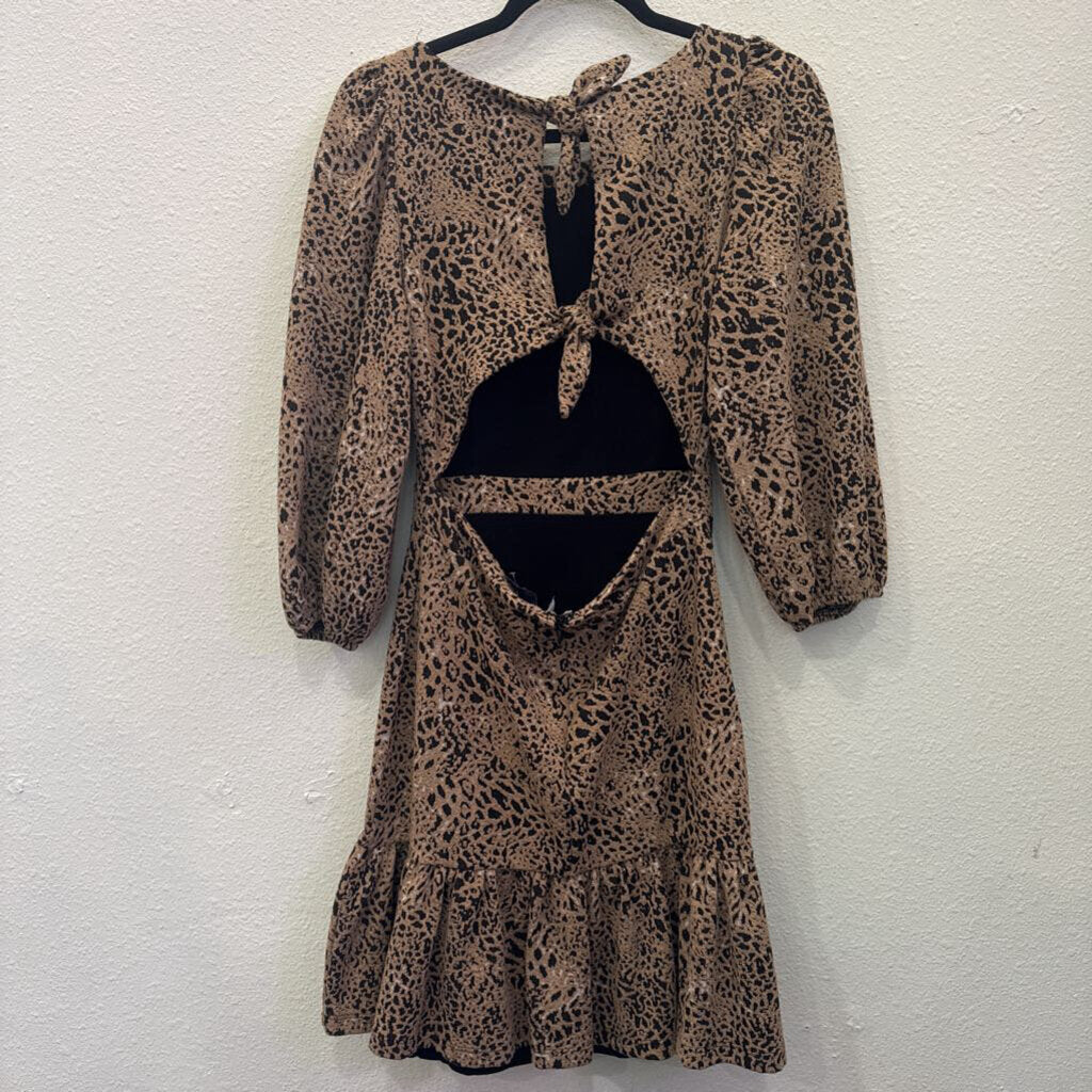 MAEVE (ANTHRO),LEOPARD BOW BACK RUFFLE DRESS ,TAN BLK ,6