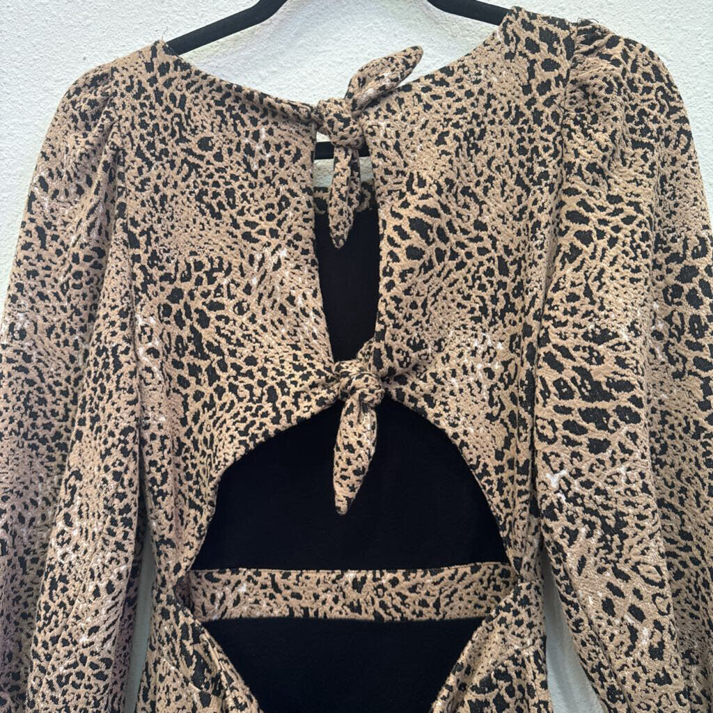 MAEVE (ANTHRO),LEOPARD BOW BACK RUFFLE DRESS ,TAN BLK ,6