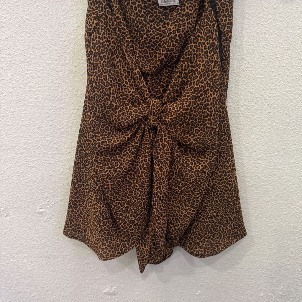 MUMU,LEOPARD SHEER SHORT ROMPER ,CAMEL BLK ,S