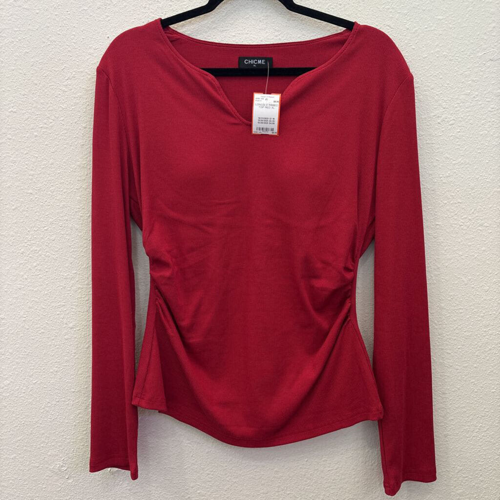 LONGSLV RIBBED TOP,RED,XL