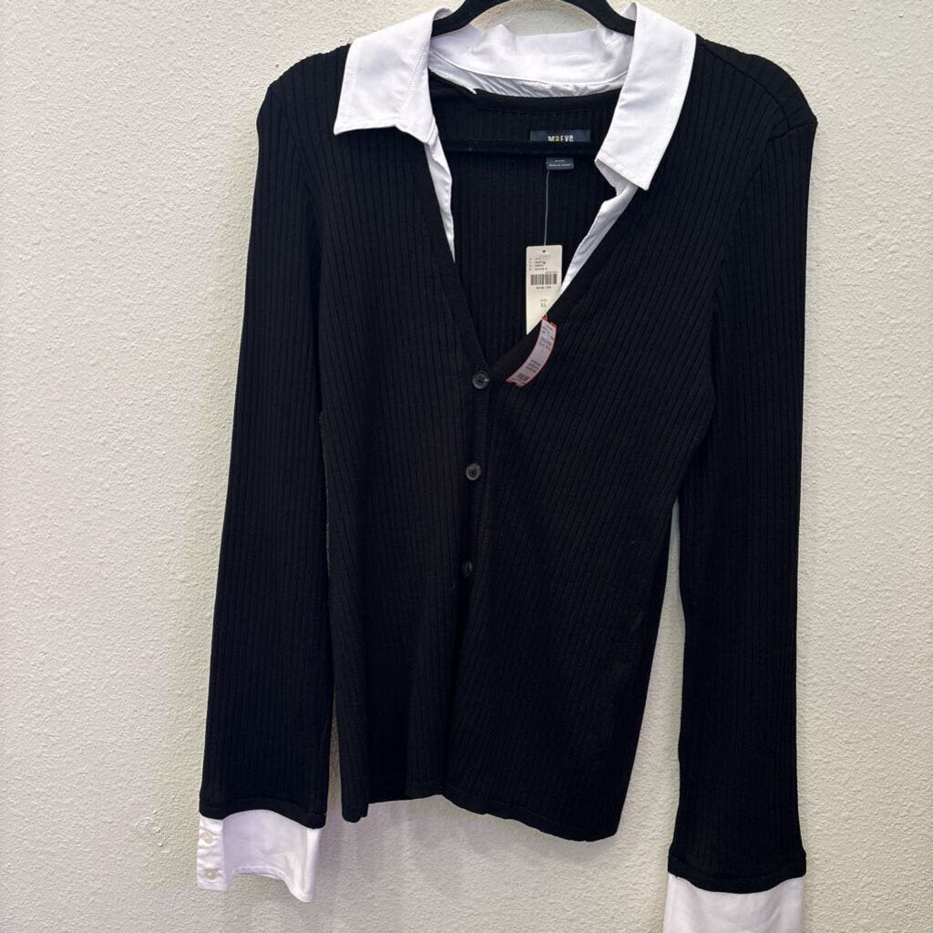 MAEVE (ANTHRO),LONGSLV RIBBED COLLAR TOP,BLK ,L