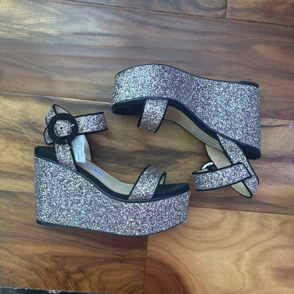 JIMMY CHOO,GLITTER ESPADRILLES,BLK SILVER,40.5