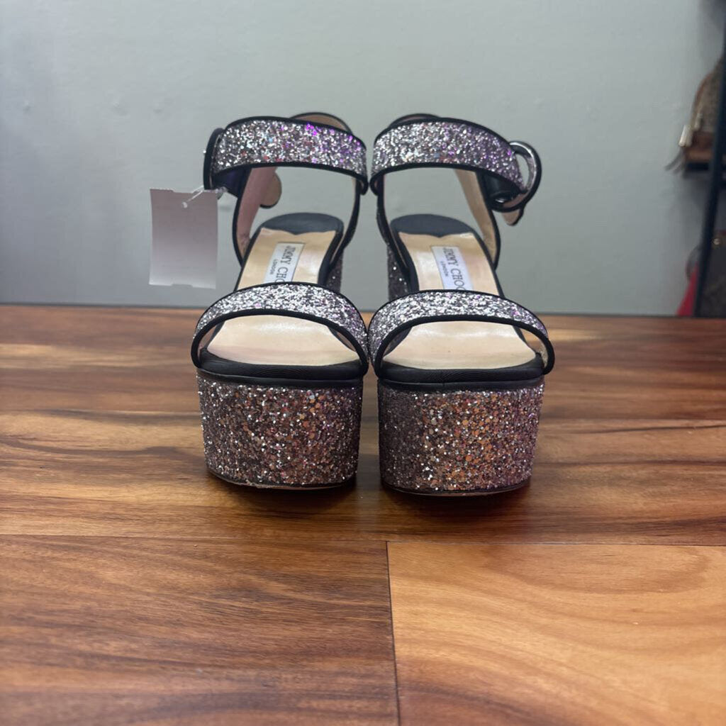 JIMMY CHOO,GLITTER ESPADRILLES,BLK SILVER,40.5