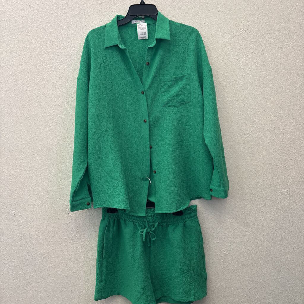 EKOUAER,2PC BUTTONUP TOP / SHORTS ,GRN ,M