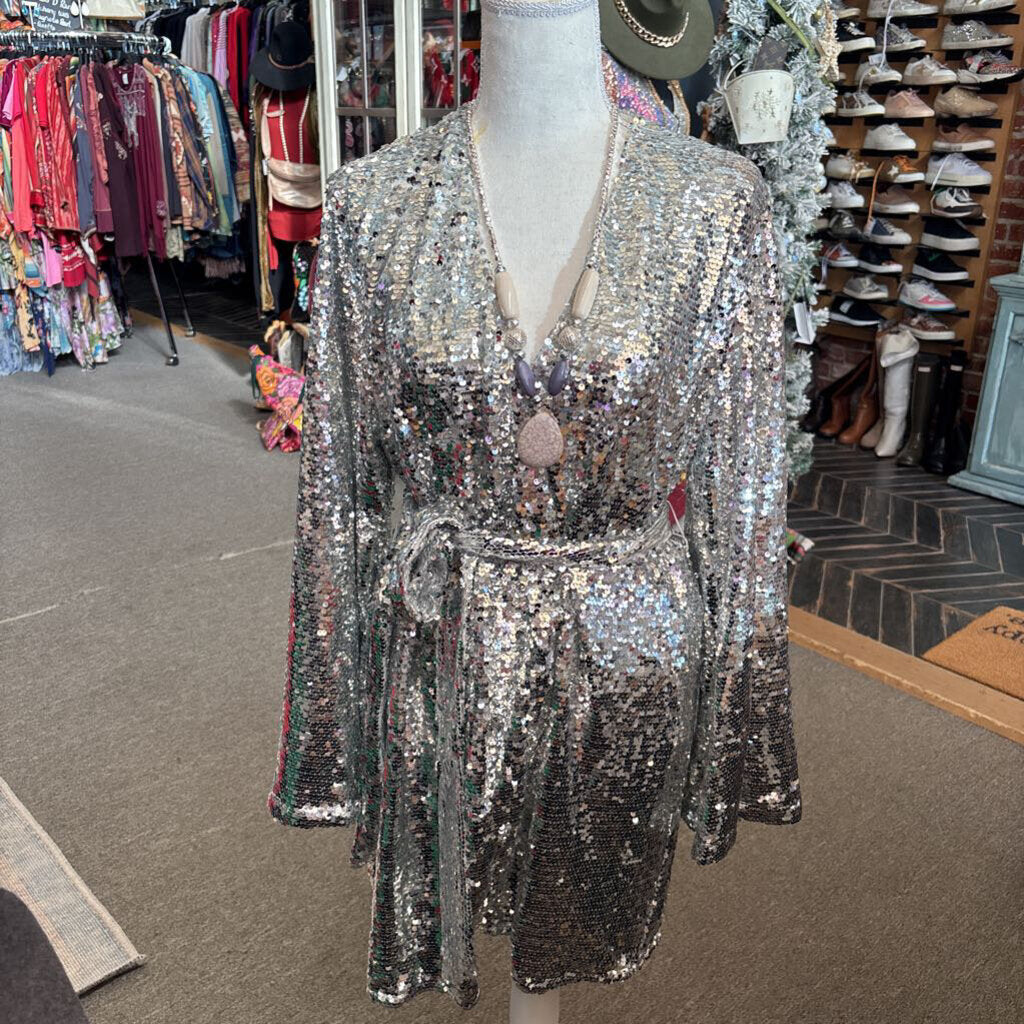 BUDDY LOVE,SEQUIN WRAP DRESS/CARDIGAN,SILVER,L