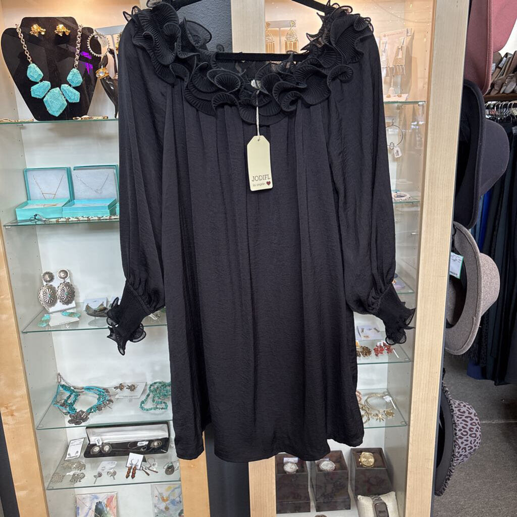 JODIFL,NWT RUFFLE NECK DRESS,BLK,S
