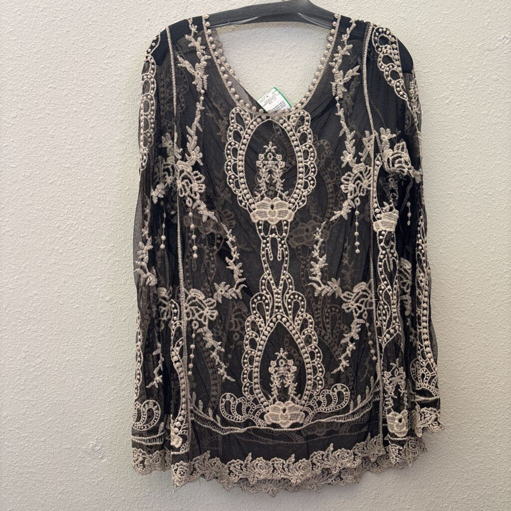 NOW & FOREVER,SHEER LACE EMBROIDERED TOP,BLK ,LG