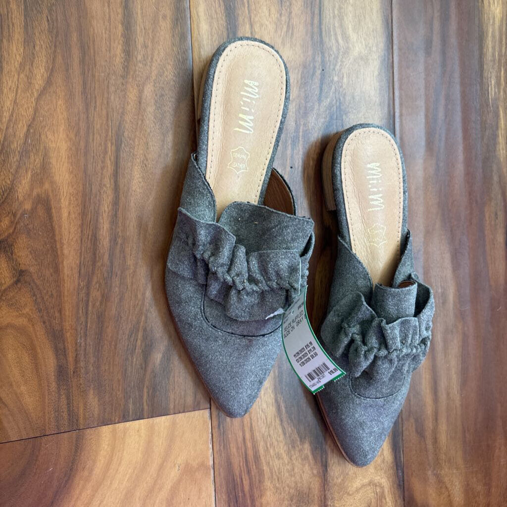 BUCKLE,SEUDE RUFFLED SLIDE ON ,GRAY,8