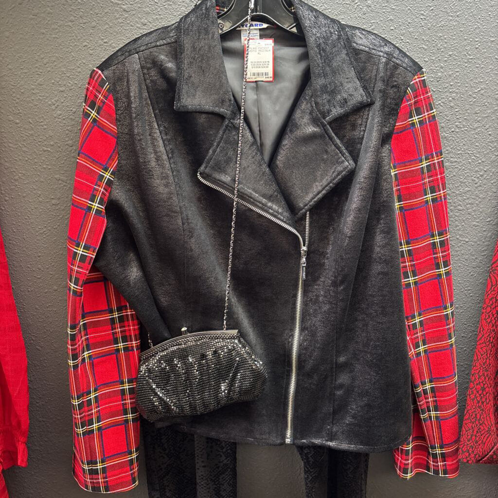 PLAID PATENT MOTO ,RED/BLK ,XL