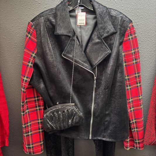 PLAID PATENT MOTO ,RED/BLK ,XL