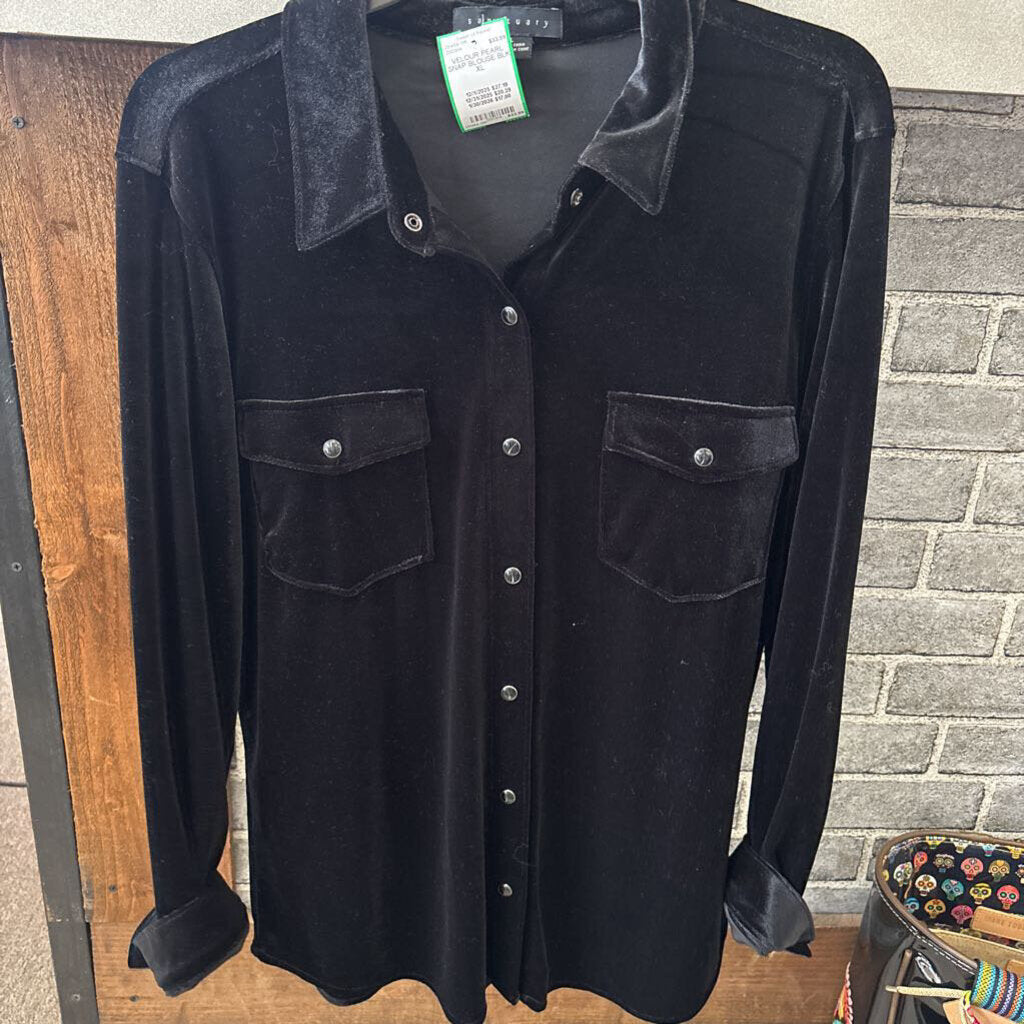 SANTUARY,VELOUR PEARL SNAP BLOUSE,BLK,XL