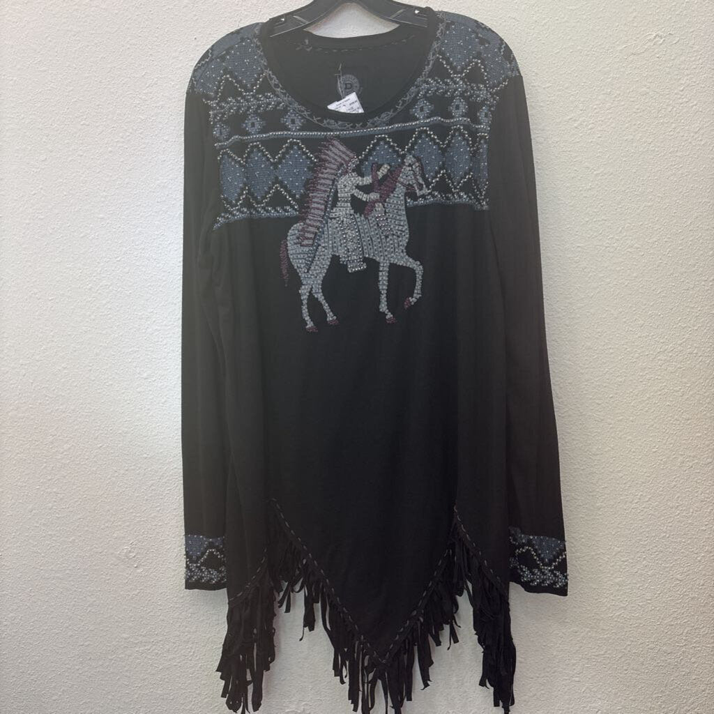 DOUBLE D RANCH,VINGTAGE BEADED INDIAN W/ HORSE FRINGE SHIRT,GRAY/BLUE ,L