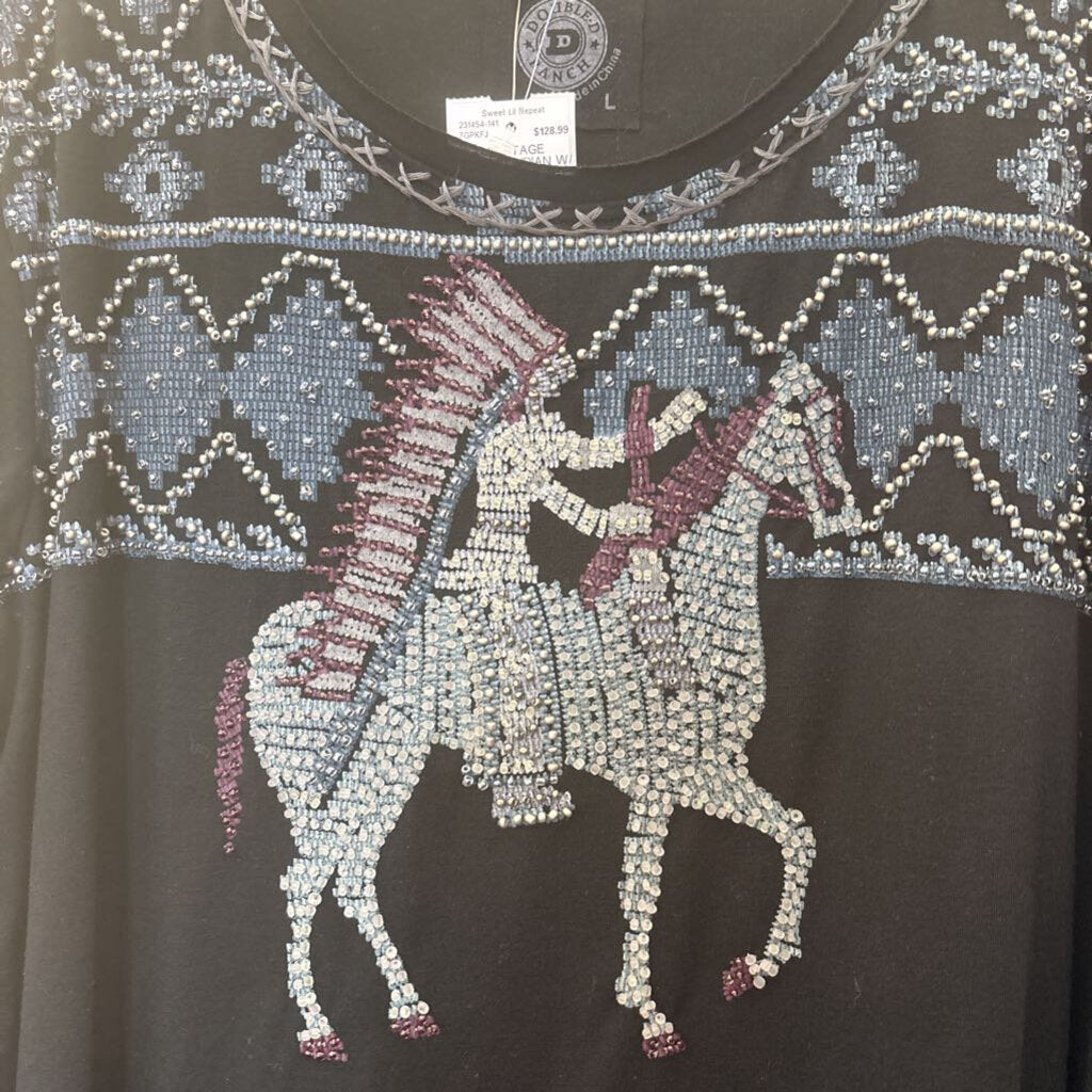 DOUBLE D RANCH,VINGTAGE BEADED INDIAN W/ HORSE FRINGE SHIRT,GRAY/BLUE ,L