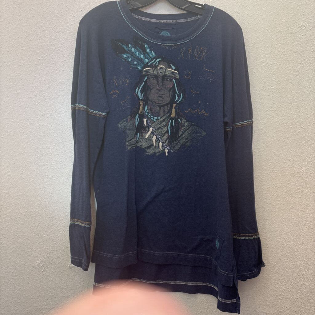 DOUBLE D RANCH,DD EMBROIDERED TSHIRT W/ INDIAN,BLUE,L