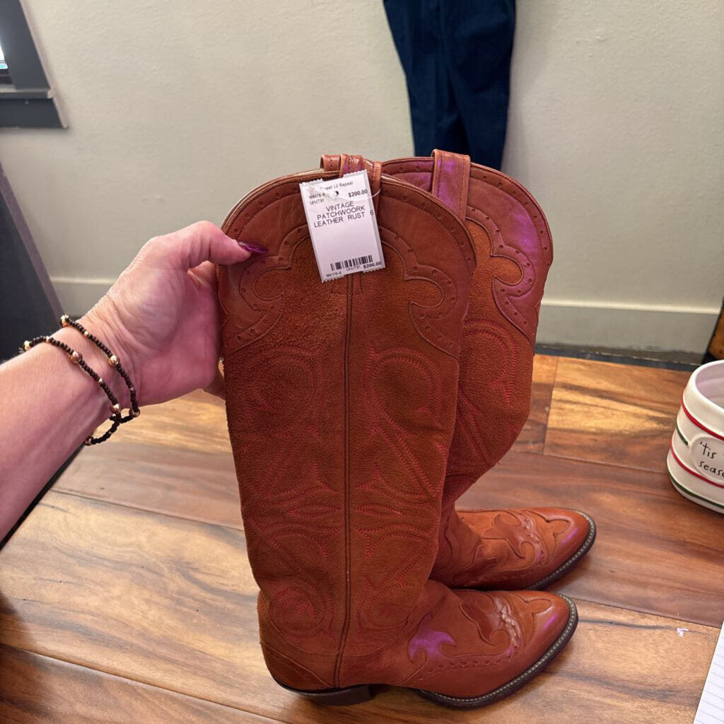 LARRY MAHAN,VINTAGE PATCHWOORK LEATHER ,RUST ,6