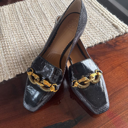 TORY BURCH,TB Buckle loafer ,Black gold,9