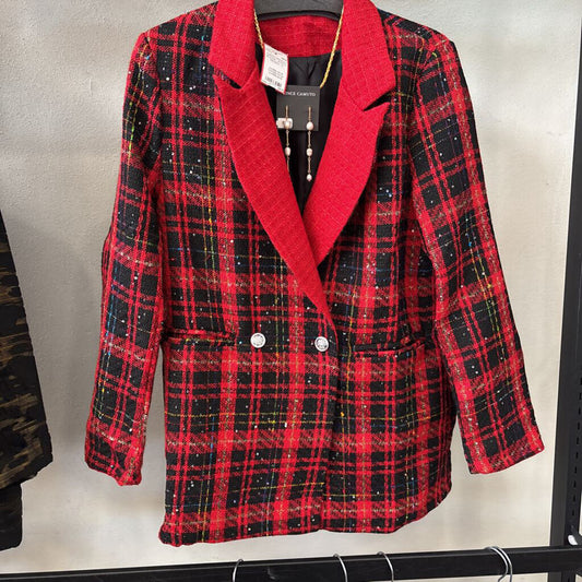 NO LABEL,TWEED HOLIDAY BLAZER JACKET ,REDBLK ,S