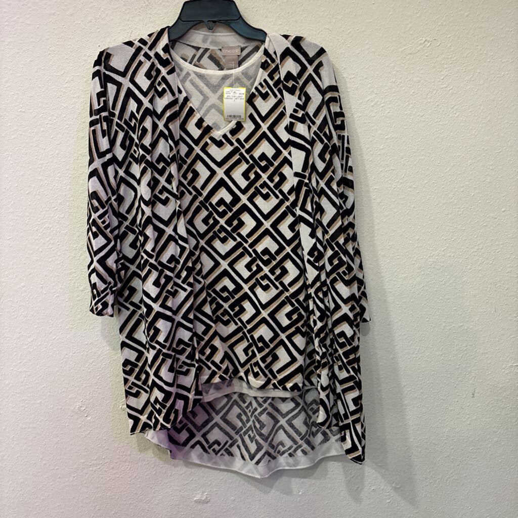 CHICO'S,2PC TOP LIGHT KIMONO ,BLK/TAN WHT,2
