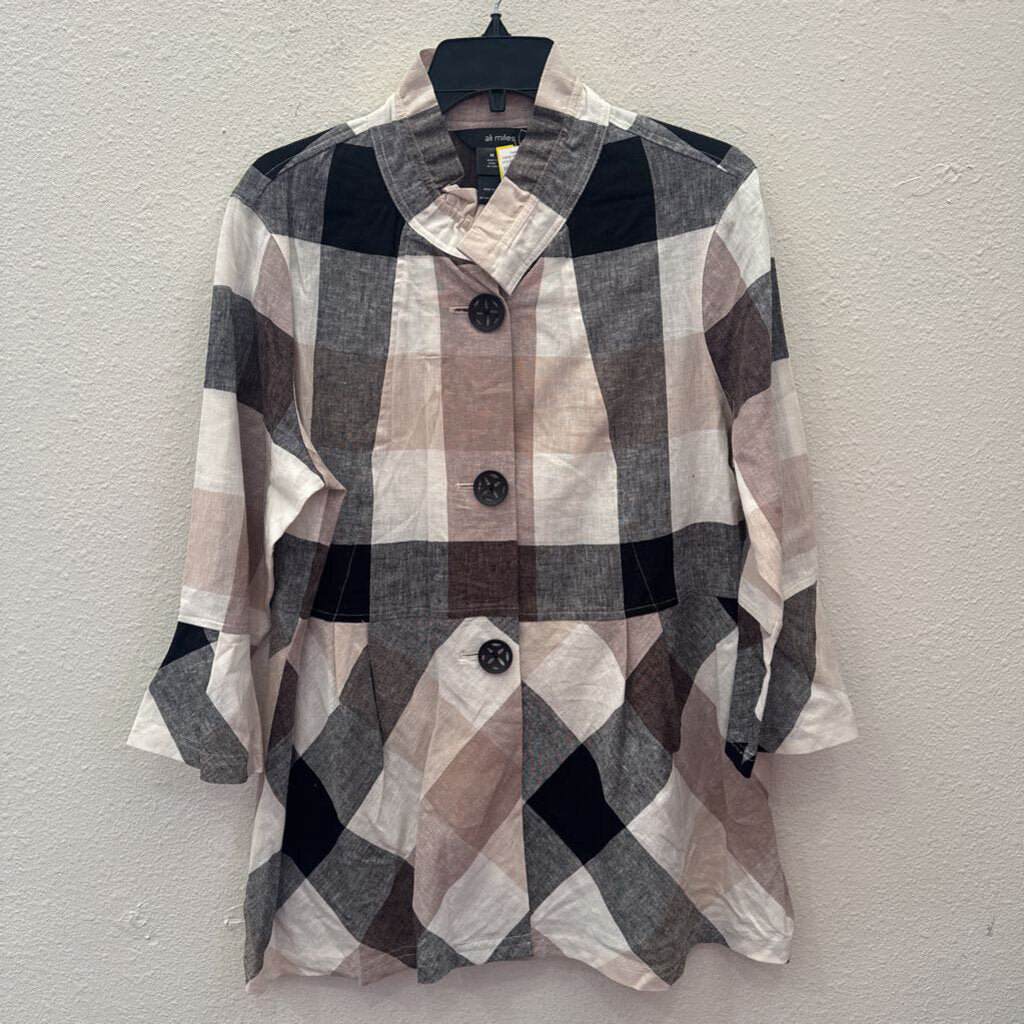 ALI MILES,PLAID TUNIC TOP ,WHT/ BLK,M