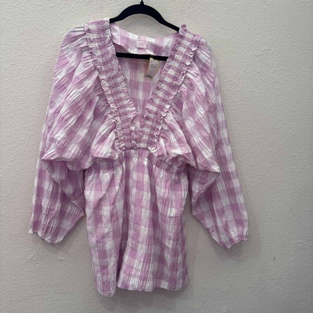 PINK LILLY,PLAID FLOWY SHORT ROMPER ,PUR WHT ,M