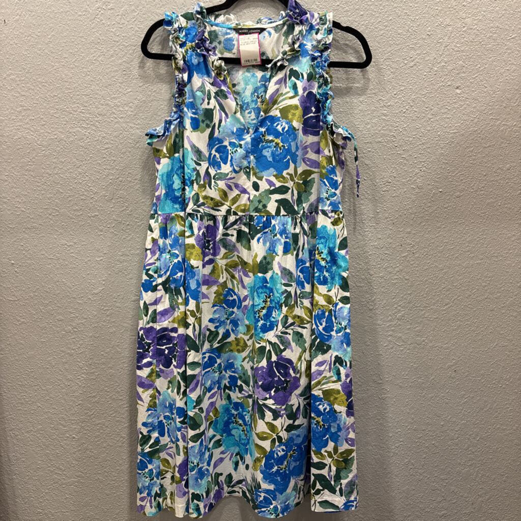 MAGGY LONDON,FLORAL DRESS ,BLUE WHT PUR ,8