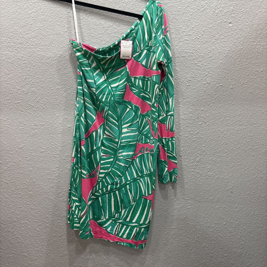 LILLY PULITZER,ONE SHOULDER TROPICAL DRESS ,GRN PINK,S
