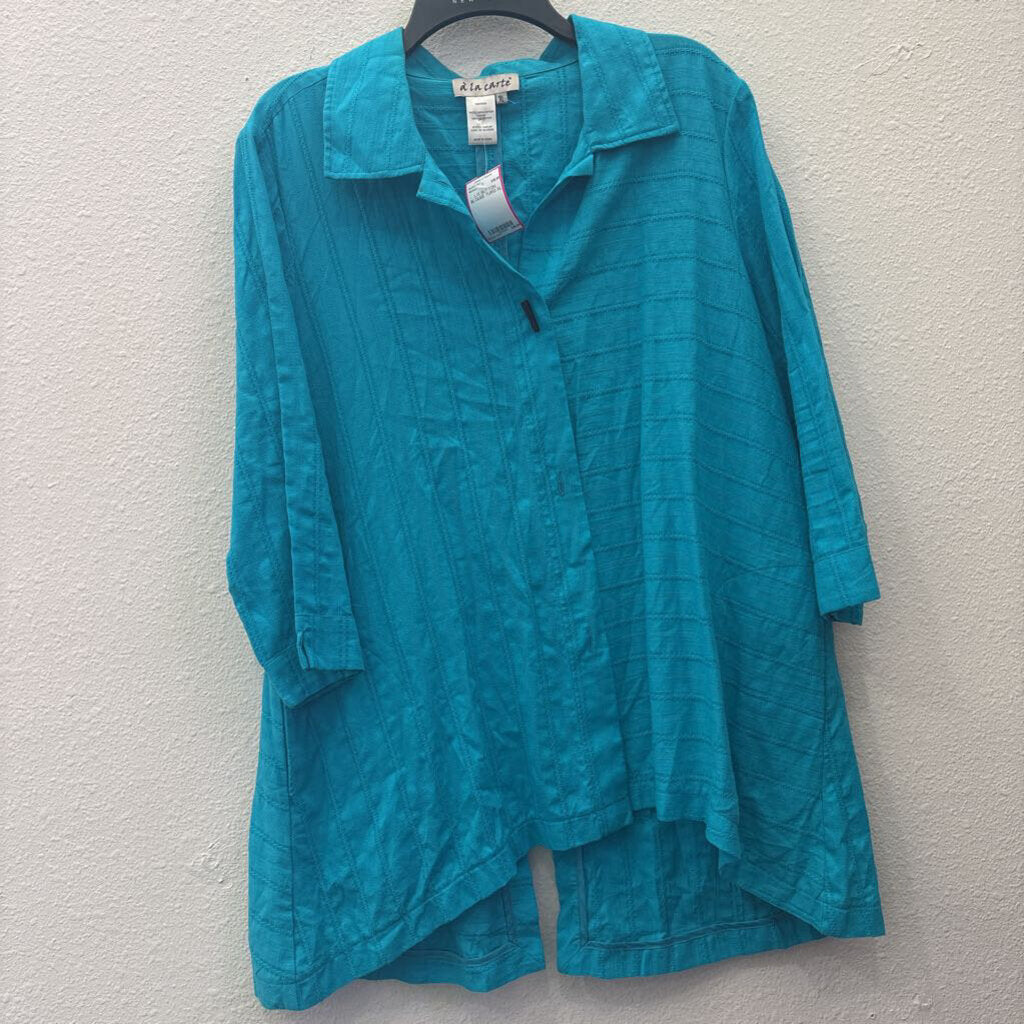 A LA CARTE,L/S BUTTON BLOUSE,TURQ,XL