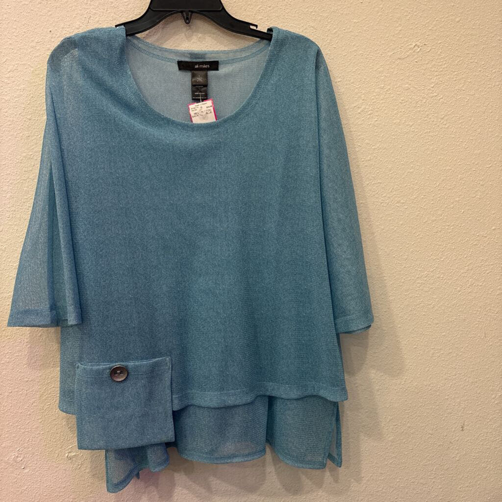 ALI MILES,MESH BUTTON BACK TOP ,BLUE ,L