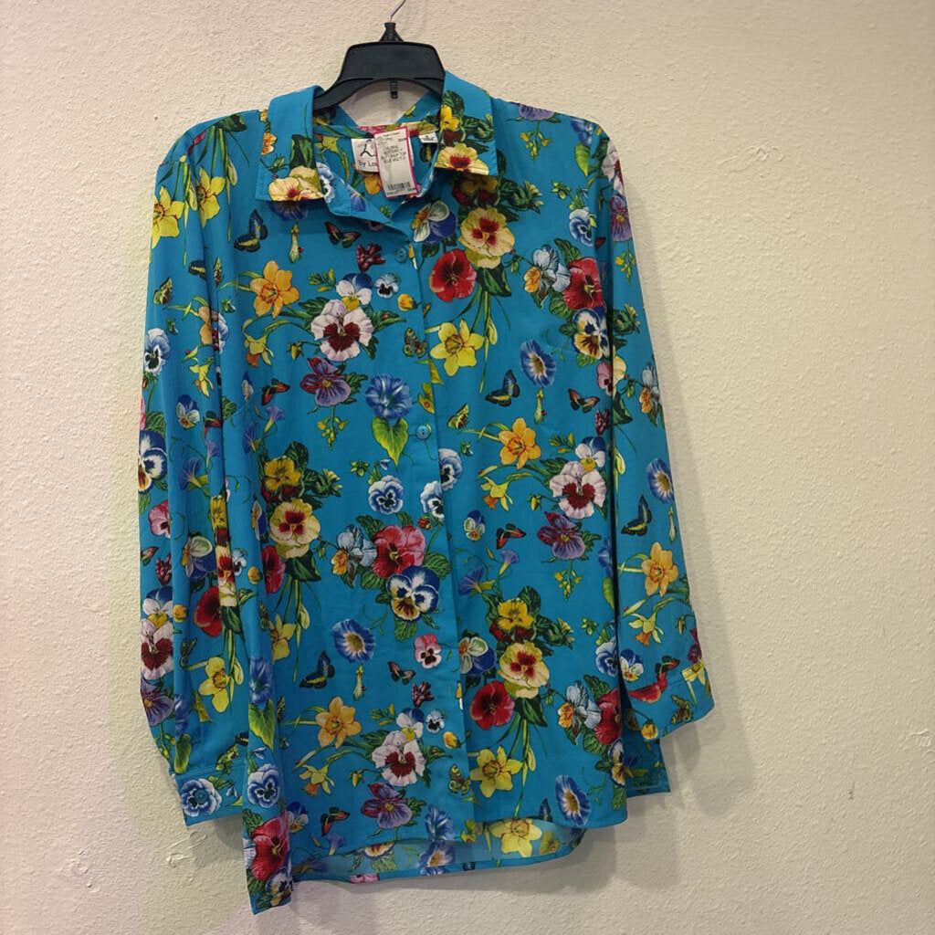 LOUIS DELL' OLIO,FLORAL BUTTERFLY BUTTONUP TOP ,BLUE MULTI,S